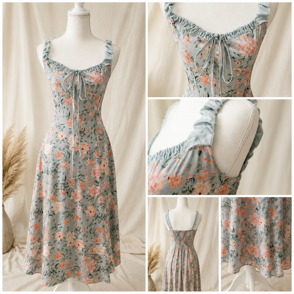 Floral Milkmaid Midi Dress Size S Cottagecore Coquette Pockets Slit Fairycore